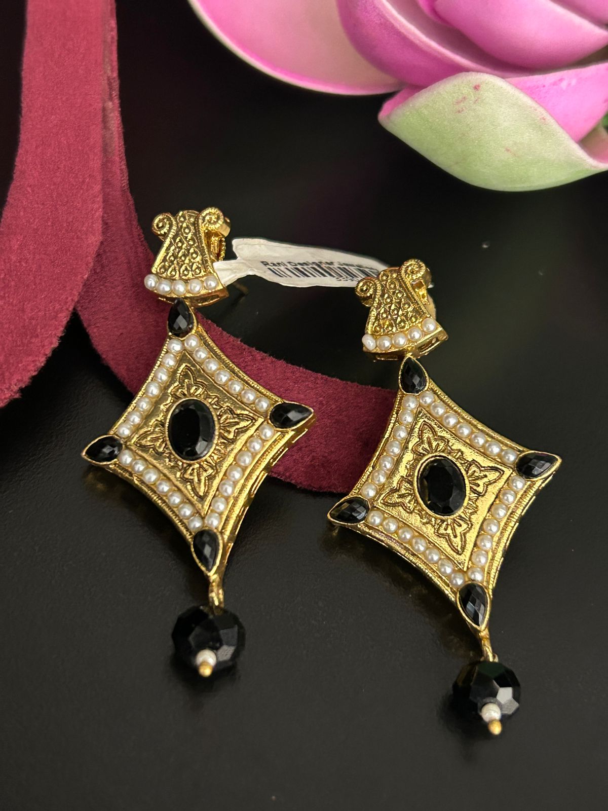 Black Stone Antique Square Drop Earrings